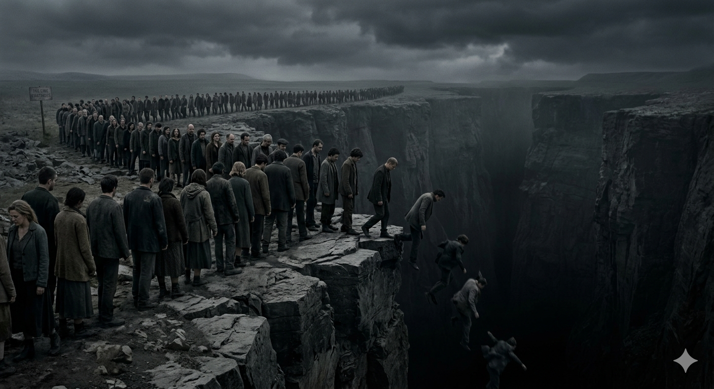 Baratro delle Persone spersonalizzate dallideologia in caduta libera credit by AZM generated by NanoBanana