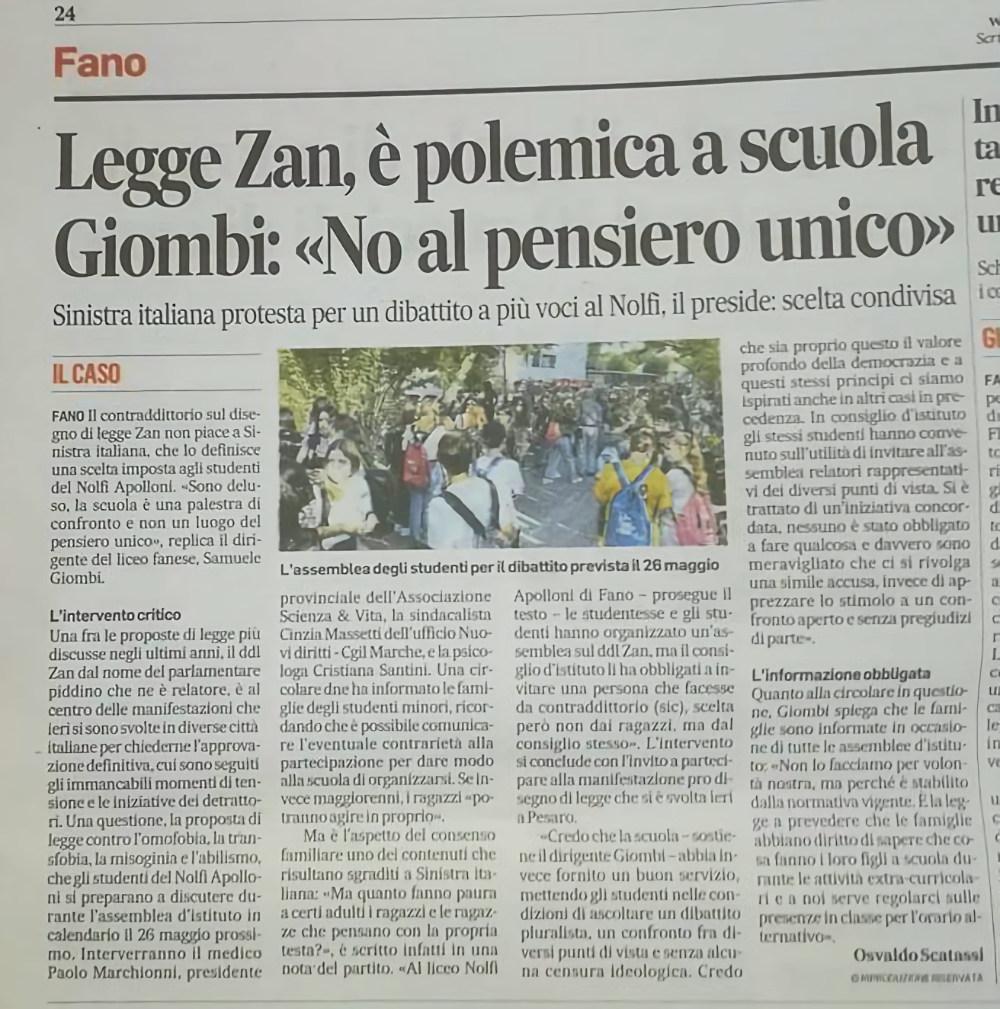 Legge Zan Scuola superiore Fano